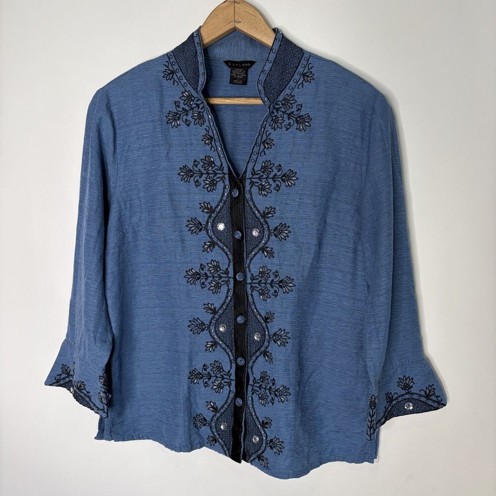 Silkland Blouse Button Up Long Sleeve Blue Beaded 100% Silk Top Women L